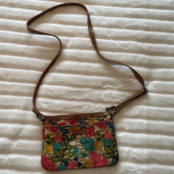 Relic by Fossil Tan Canvas shoulder bag colourful floral small purse - Picture 3 of 11